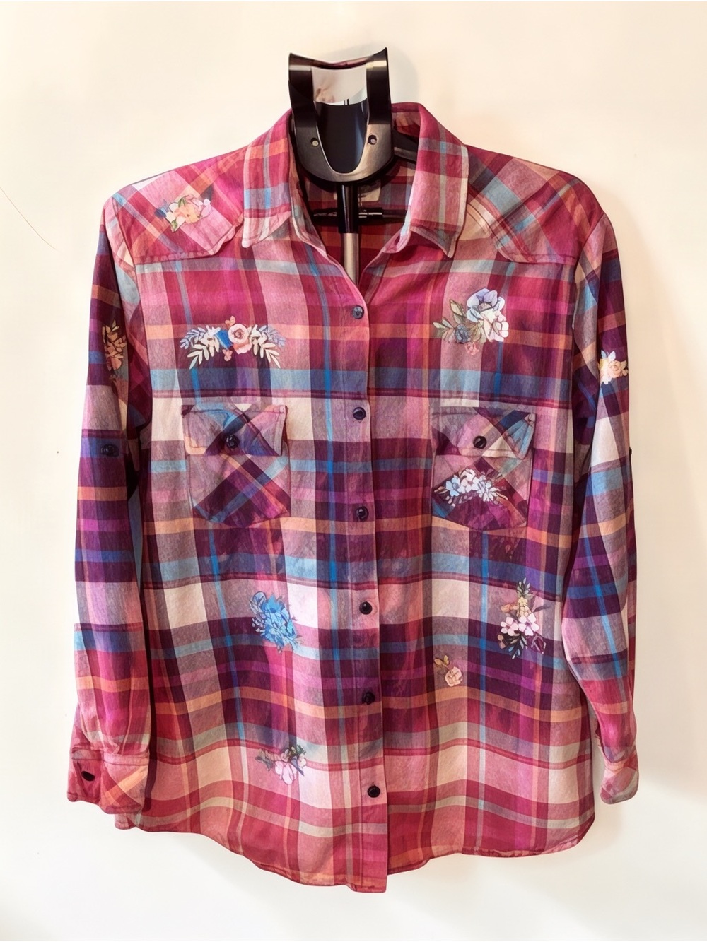 Women’s XL Pink Plaid Floral Flannel Upcycled Boho Cottagecore